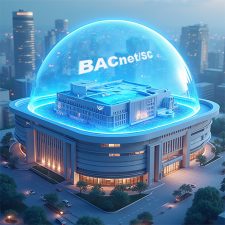 Gebäude unter leuchtender Kuppel mit „BACnet/SC“ – Symbol für sichere Gebäudeautomation und Cyber-Security.